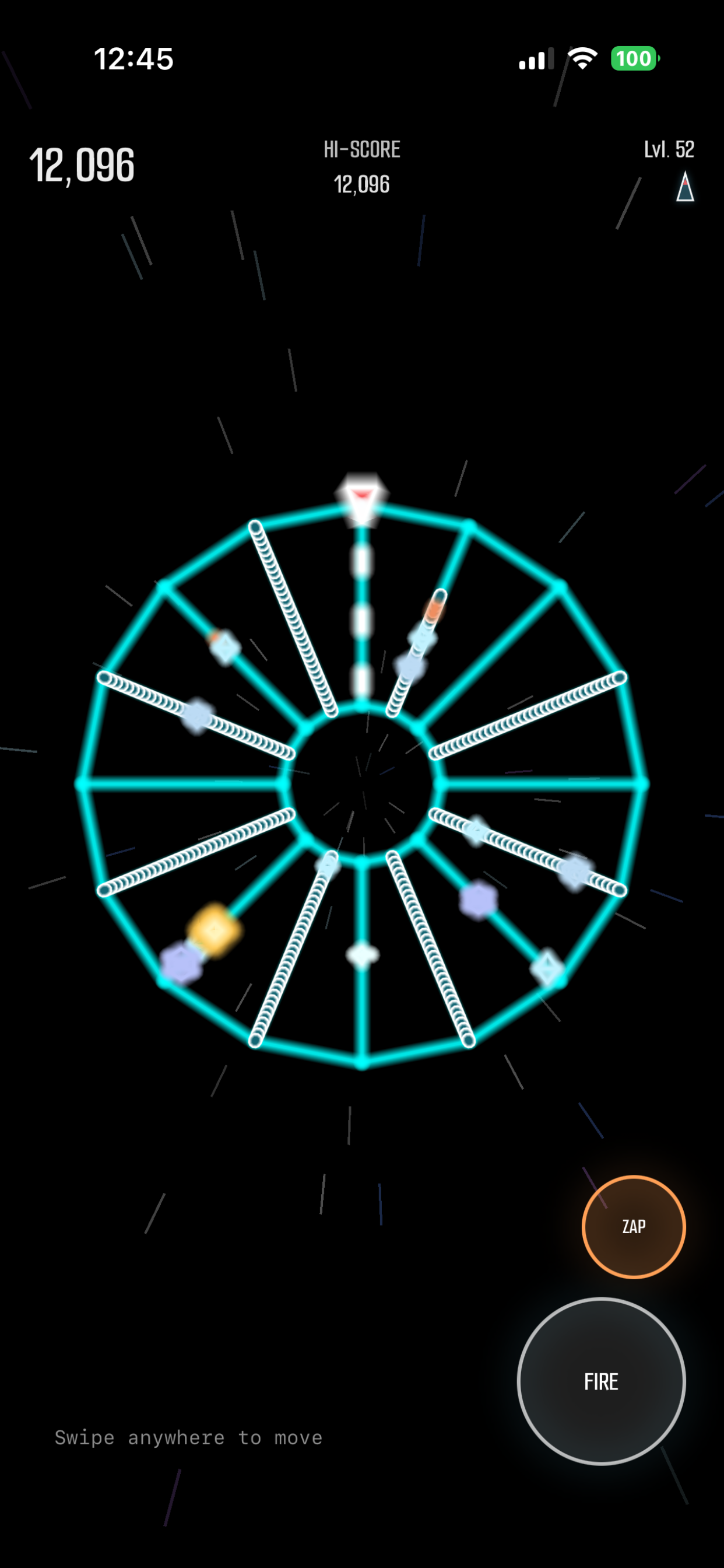 Maelstrom gameplay showing a geometric vector web, the ship, score display, and Fire and Zap touch controls